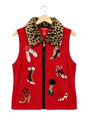 Vintage Christmas Shoe‎ Sweater Vest Red Leopard PXL Unique Novelty Holiday